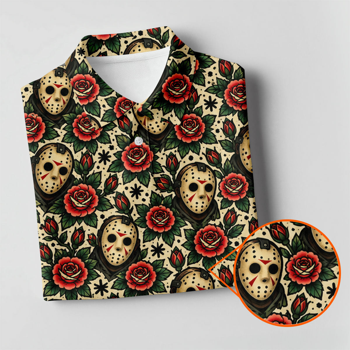 Rose Mask Halloween Horror Character Polo Shirt, Mens Golf Polo, Mens Golf Apparel