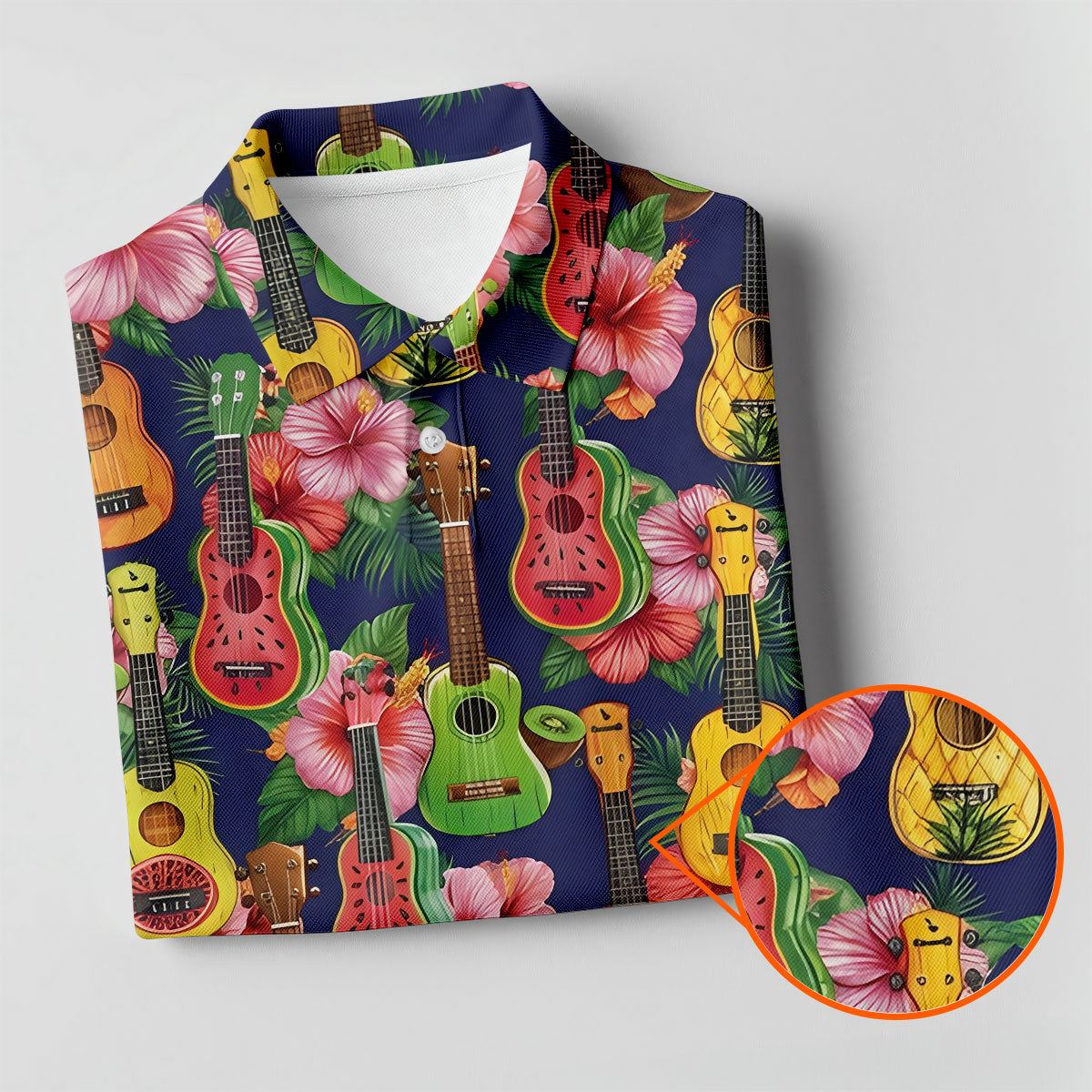 Tropical Ukulele Fruit Pattern 250 Retro Golf Shirt, Hawaiian Vibe Golf Shirt For Women