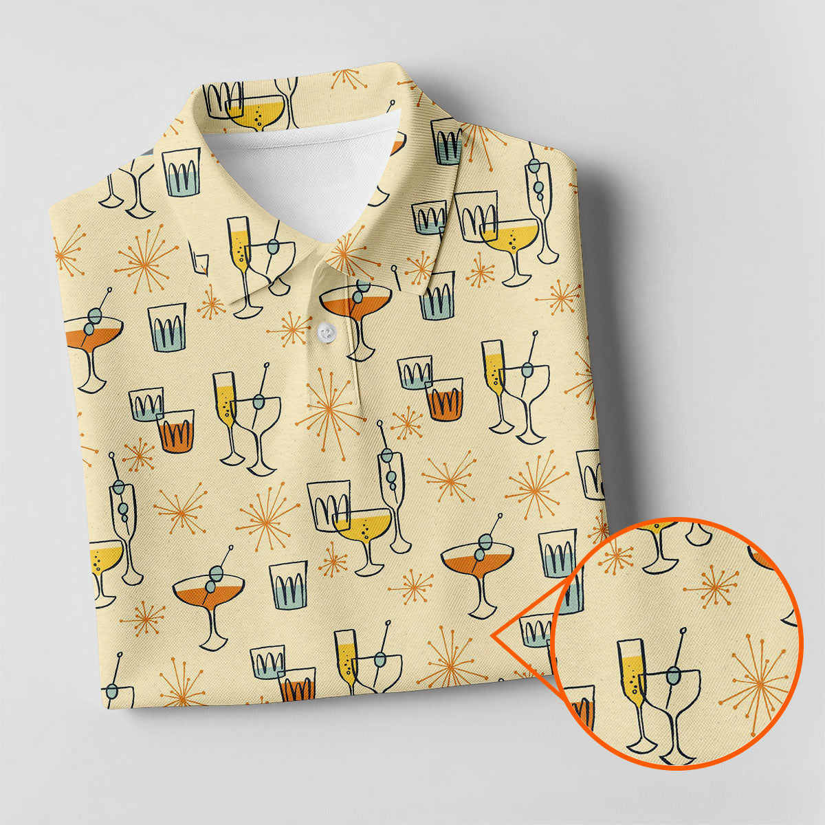 Retro Cocktail Drinks Pattern Golf Polo Shirt, Golf Polo Shirts For Men, Mens Golf Apparel