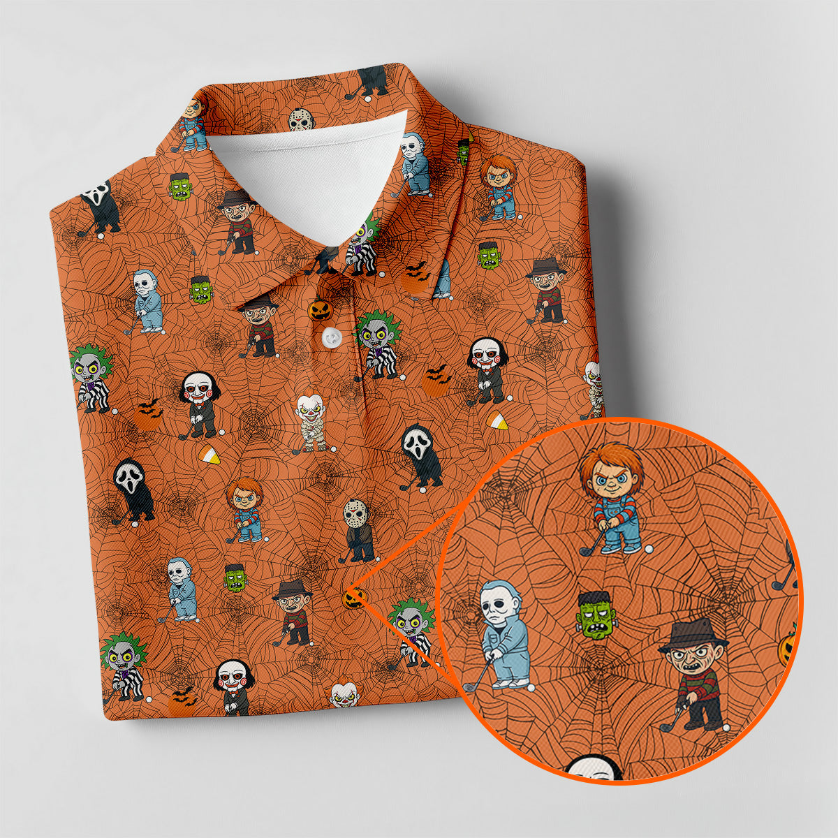 Funny Horror Character Orange Golf Polo ShirtHorror Movie Shirt, Halloween Golf Shirt, Womens Golf Polo