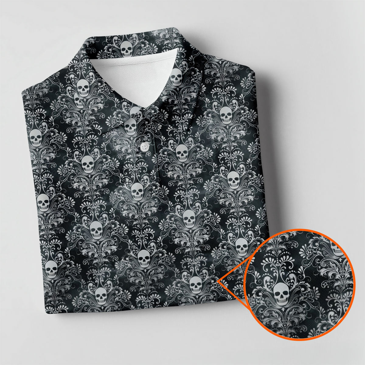 Skull Damask Charcoal Grey Gothic Floral Golf Tops For Men, Polo ShirtFor Men, Golf Shirts For Men