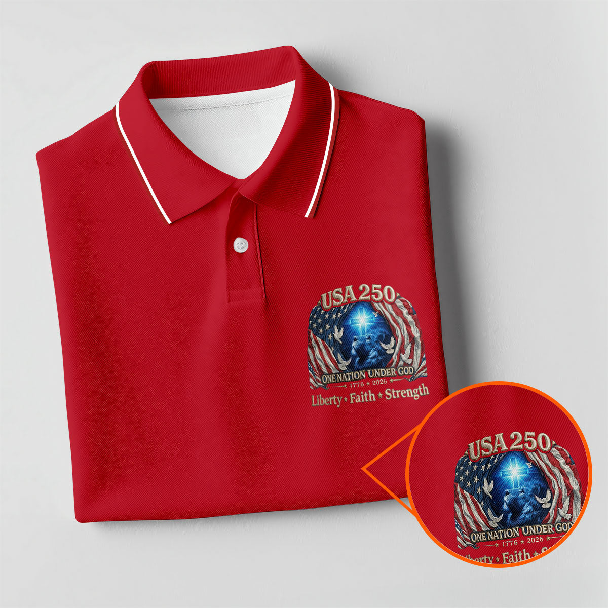 One Nation Under God Faith Cross USA 250 Logo Red Golf Shirt, 4th Of July Golf Shirt For Women
