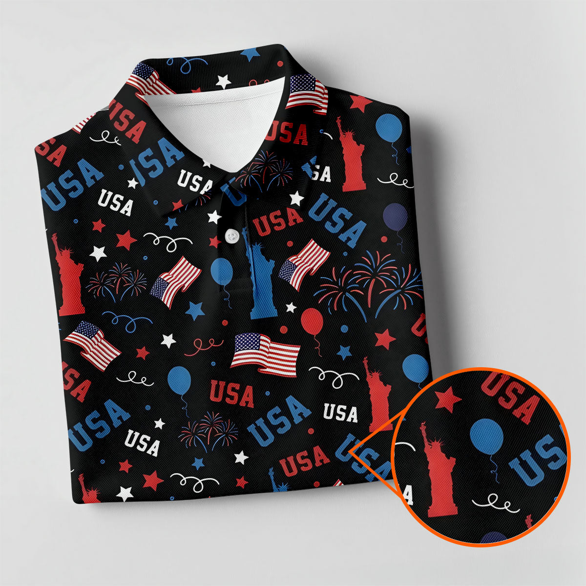 USA Red White Blue Seamless Pattern Black Golf Shirt, 250th Anniversary Patriotic 4th Of July Golf Shirt For Women