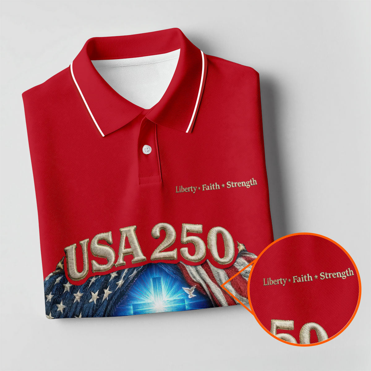One Nation Under God Faith Cross USA 250 Red Golf Shirt, 4th Of July Golf Shirts For Men