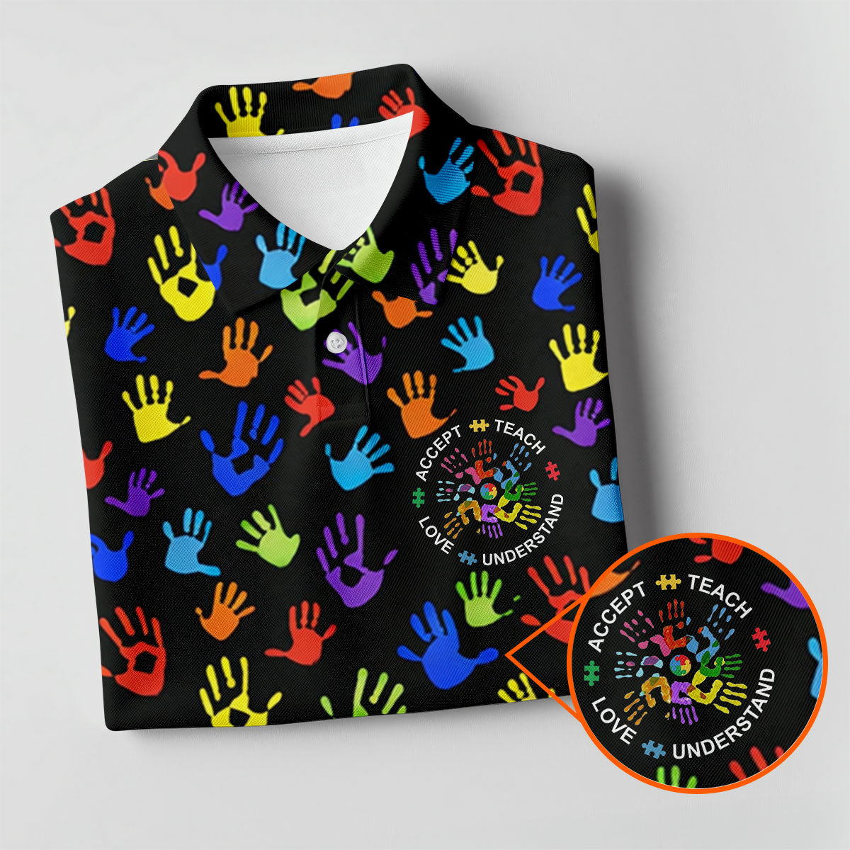 Accept Teach Understand Love Autism Awareness Colorful Handprint Black Golf Shirt, Women's Golf Tops