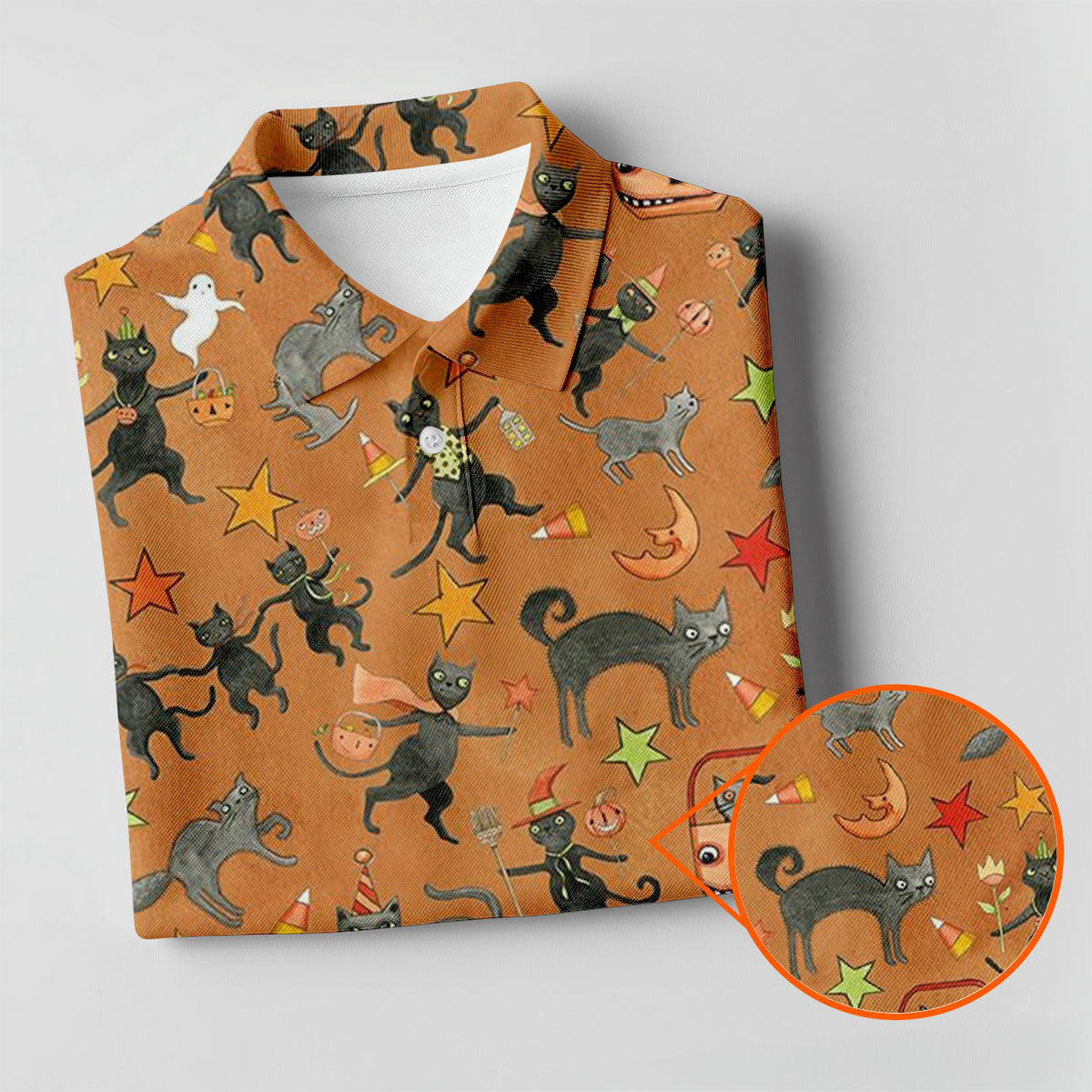 Vintage Black Cat Halloween Pattern Polo Shirt, Golf Shirts For Women, Womens Golf Tops
