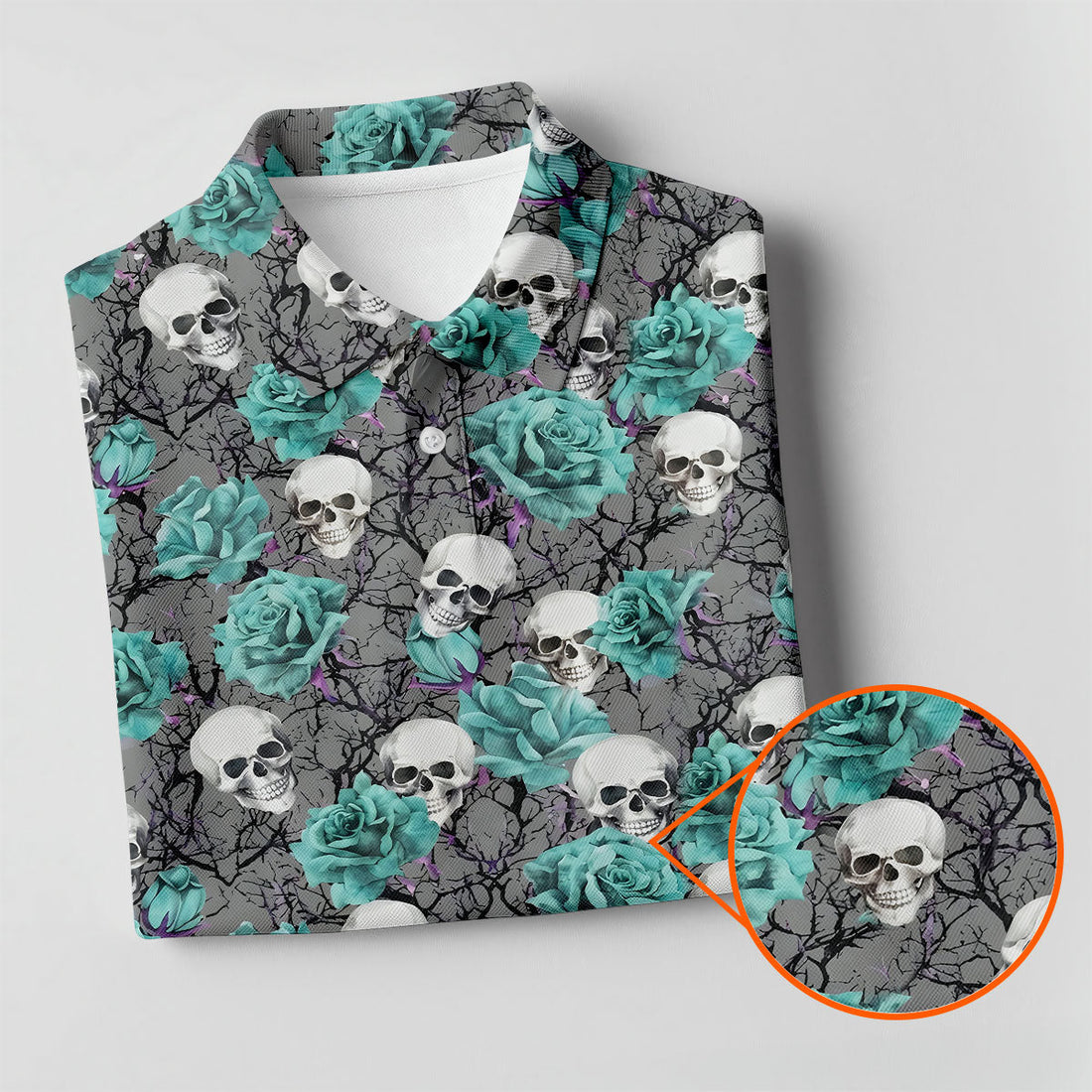 Teal Rose Skull Gothic Pattern Golf Polo Shirt, Mens Golf Shirts, Hawaiian Golf Shirt
