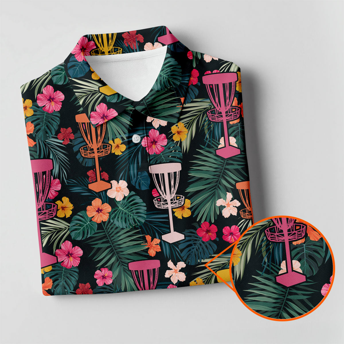 Dark Tropical Disc Golf Basket Polo Shirt, Printed Golf Shirts, Golf Apparel For Men