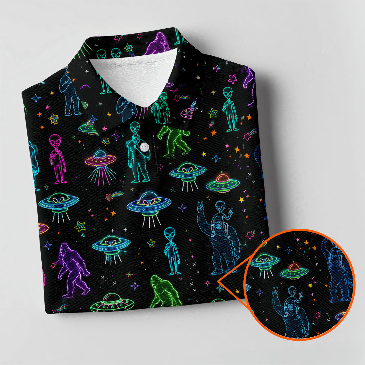 Neon Bigfoot Alien UFO Pattern Golf Polo Shirt, Women's Golf Tops, Golf Shirts For Women