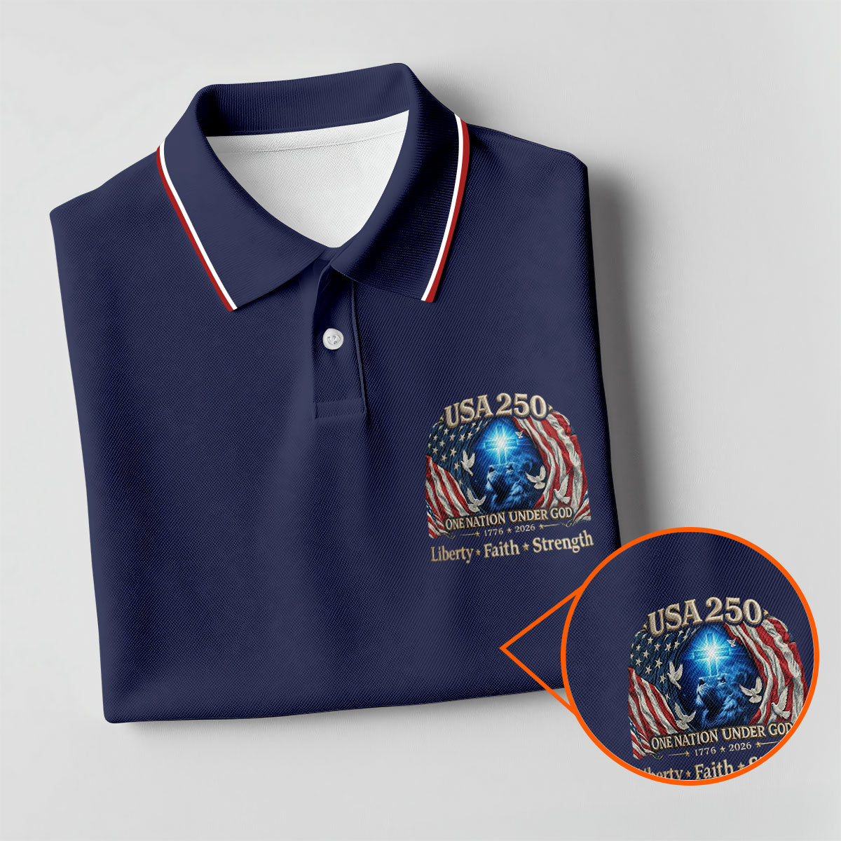 One Nation Under God Faith Cross USA 250 Logo Navy Golf Shirt, 4th Of July Golf Shirts For Men