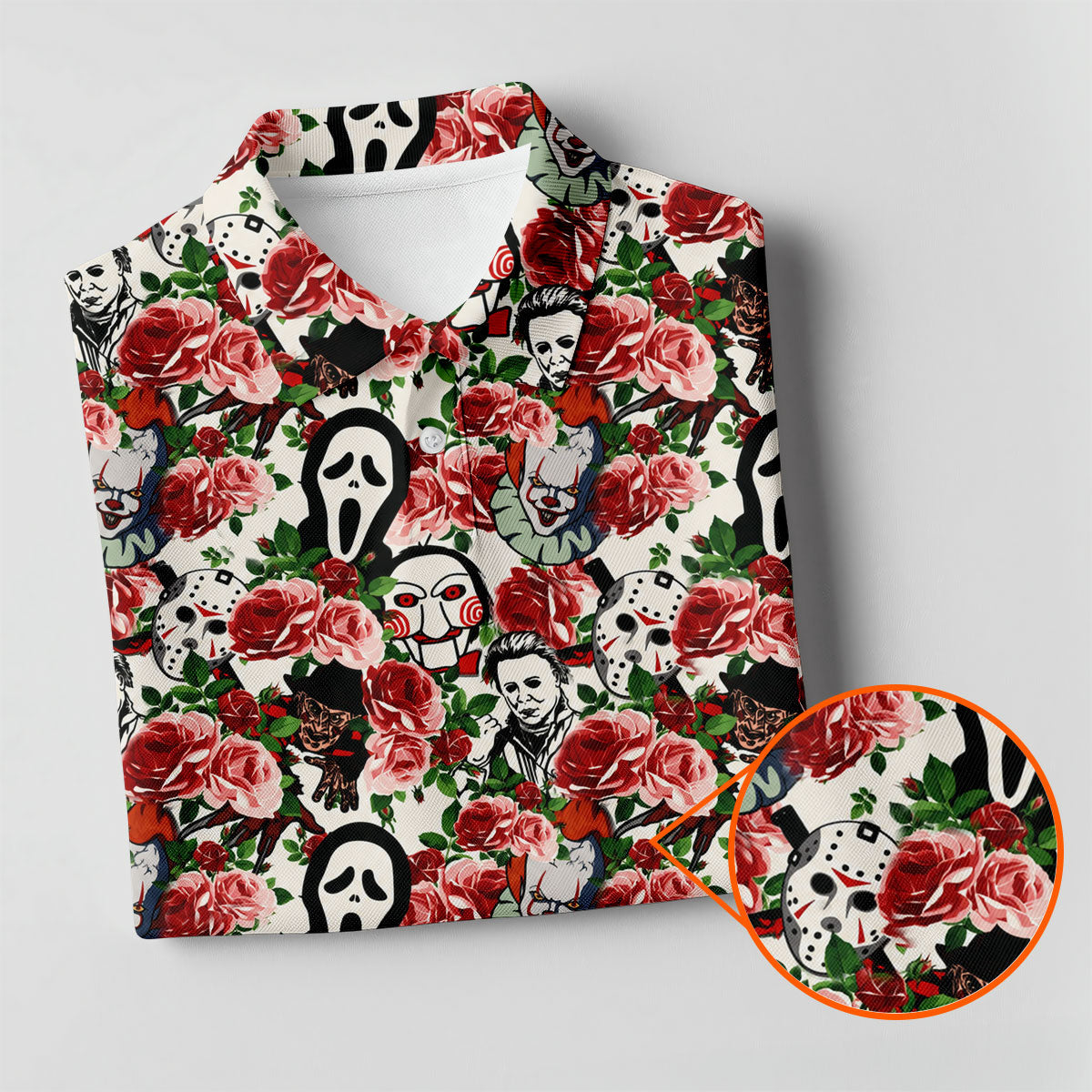 Rose Horror Character Collage Halloween Golf Shirt, Ladies Golf Tops, Women's Golf Apparel