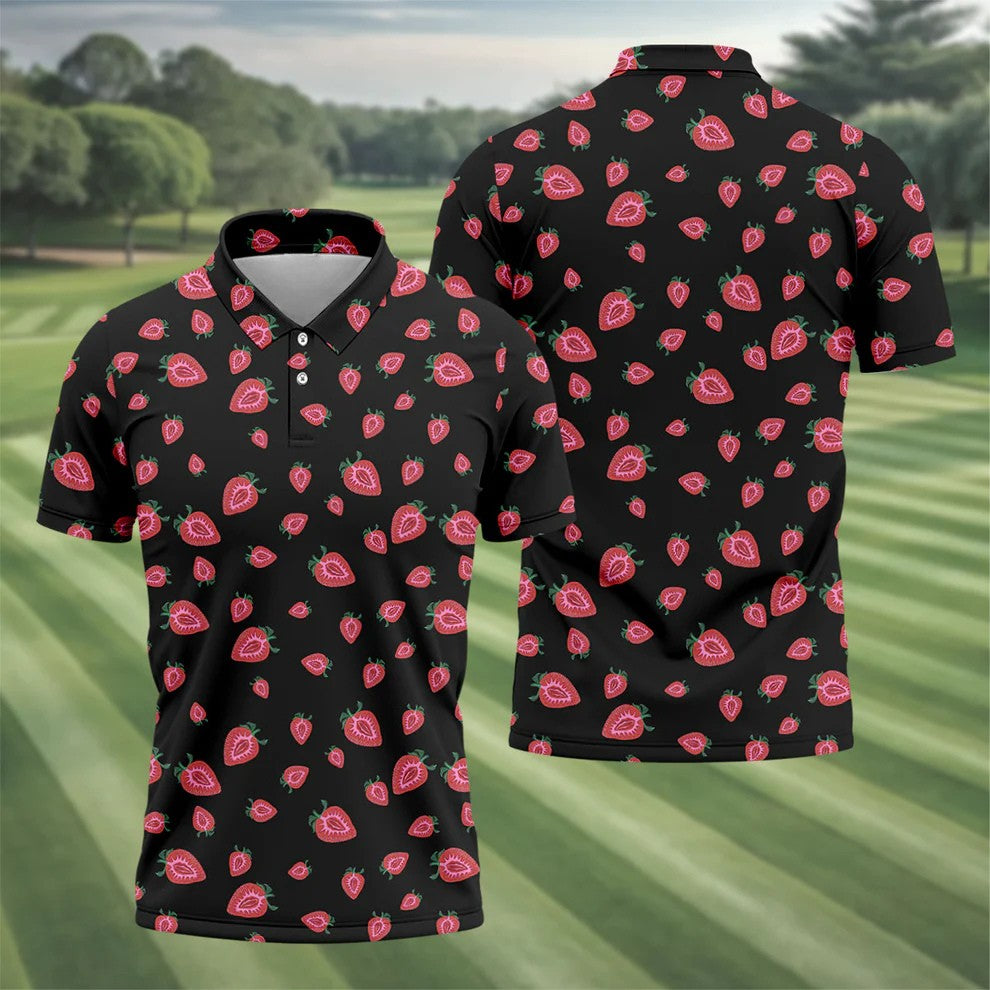 Strawberry Slice Black Golf Shirt, Men's Golf Shirt, Hawaiian Golf Shirt, Golf Shirts For Men
