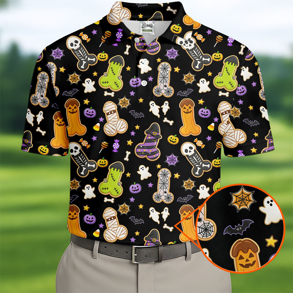 Funny Adult Halloween Cookie Pattern Polo Shirt, Men's Golf Shirt, Printed Golf Shirts