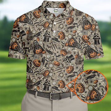 Vintage Pumpkin Skull Halloween Golf Shirt, Golf Shirts For Men, Golf Apparel For Men