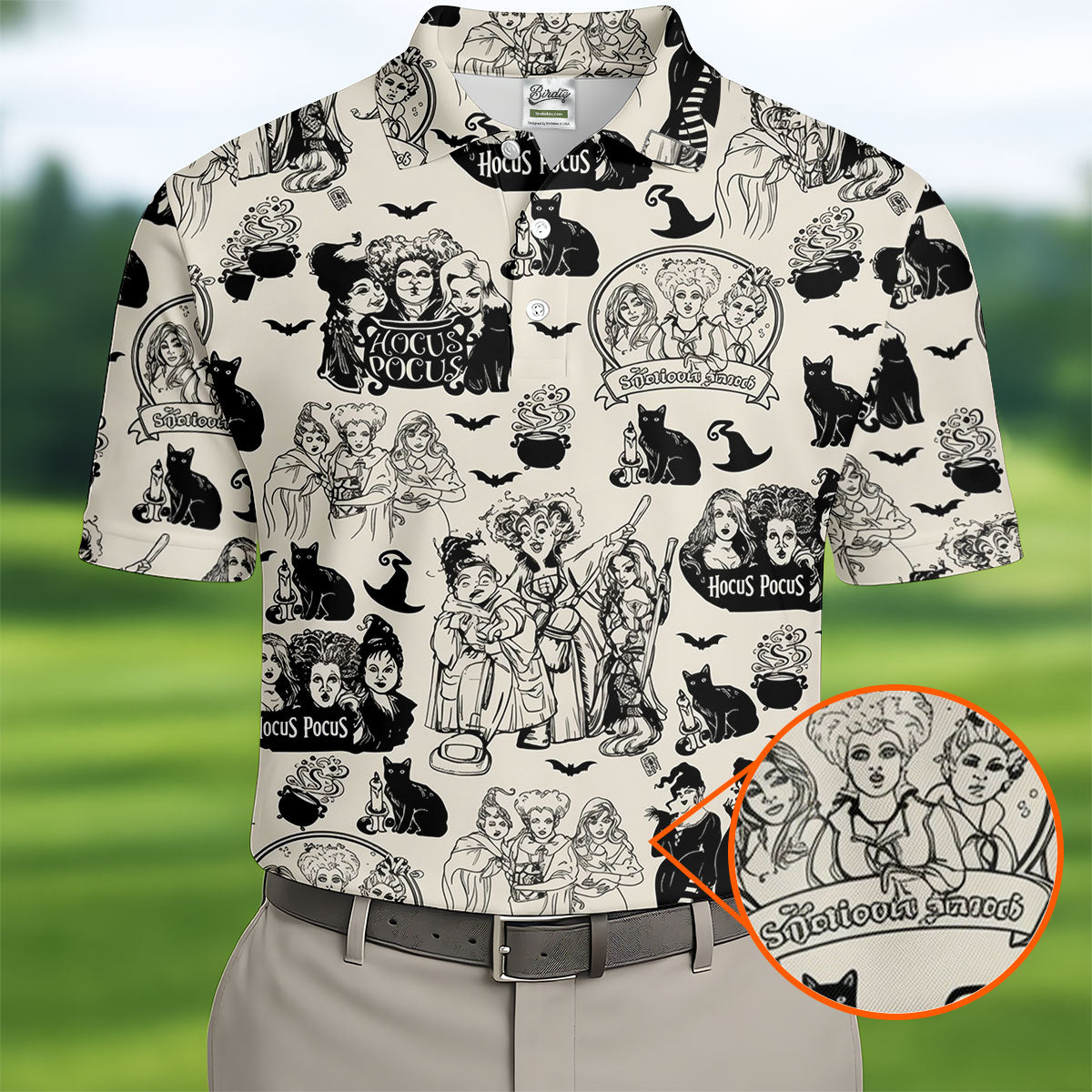 Witch Sisters Black Cat Halloween Polo Shirt, Golf Polo Shirts For Men, Mens Golf Apparel