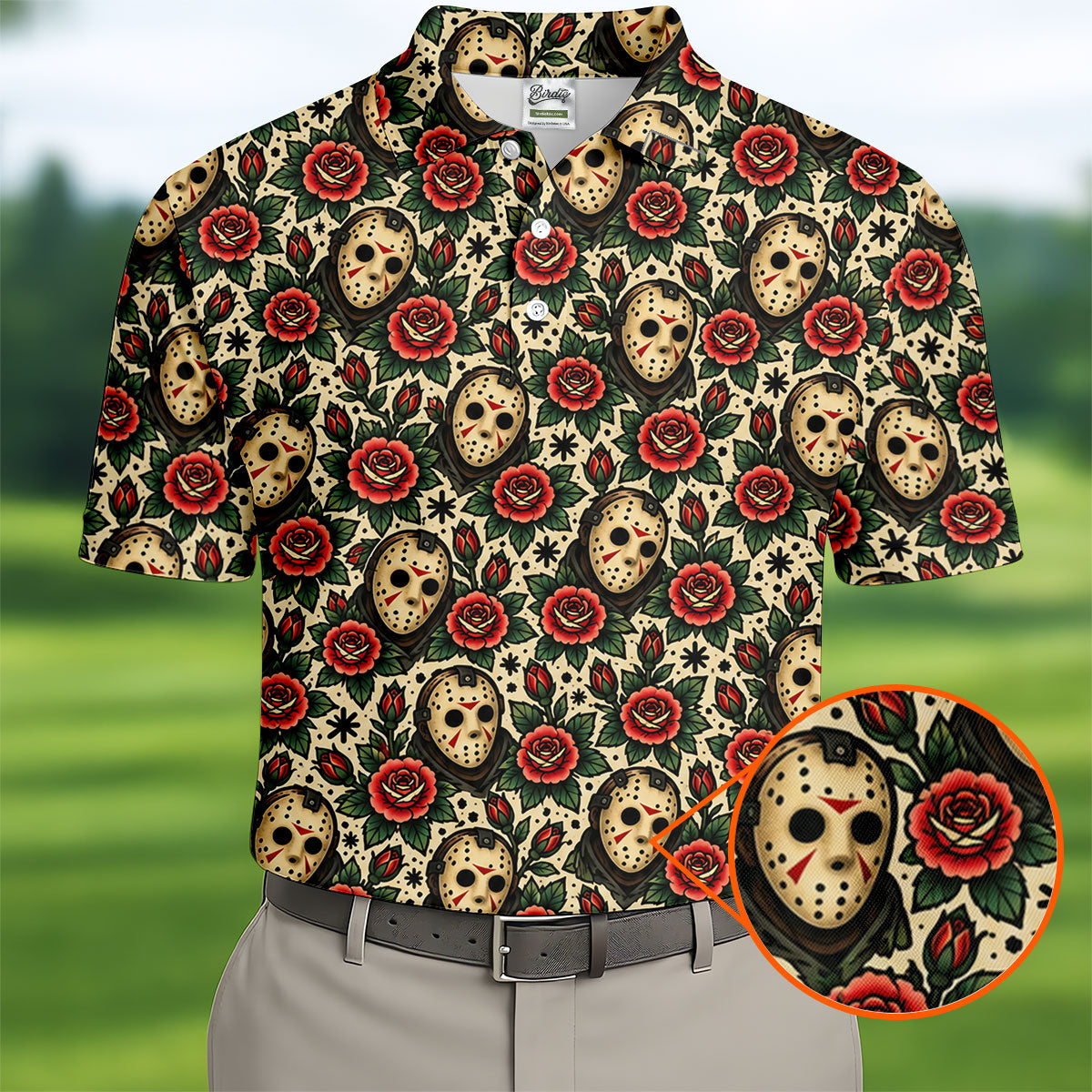 Rose Mask Halloween Horror Character Polo Shirt, Mens Golf Polo, Mens Golf Apparel