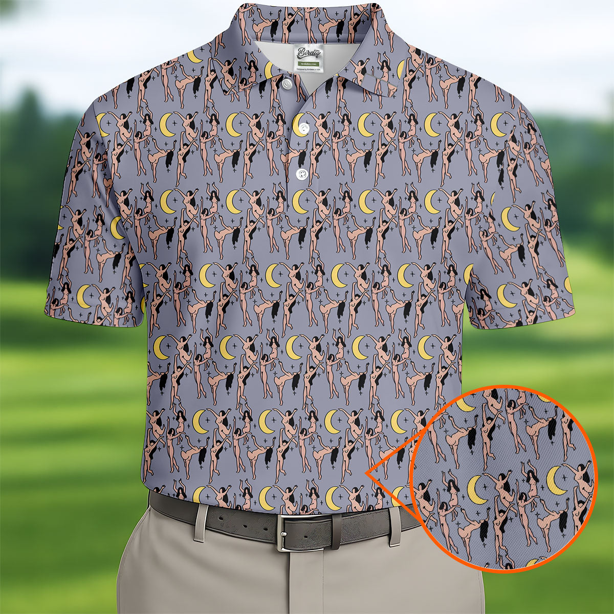 Dancing Figures Moon And Stars Pattern Polo Shirt, Mens Golf Shirts, Golf Apparel For Men