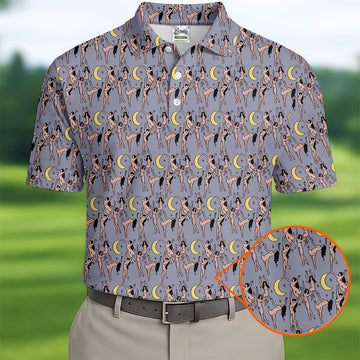 Dancing Figures Moon And Stars Pattern Polo Shirt, Mens Golf Shirts, Golf Apparel For Men