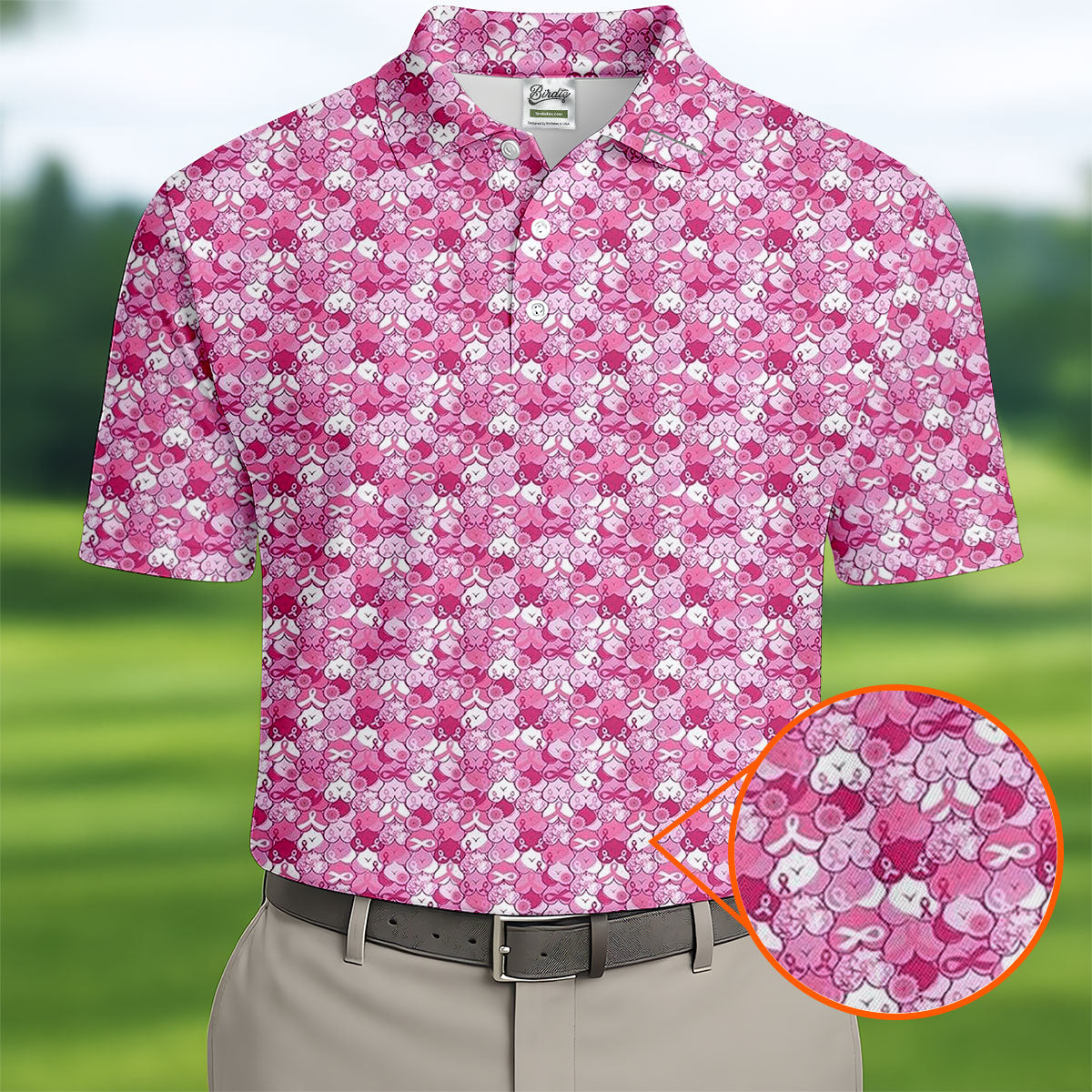 Pink Breast Cancer Hearts And Ribbons Polo Shirt, Golf Shirts For Men, Mens Golf Polo