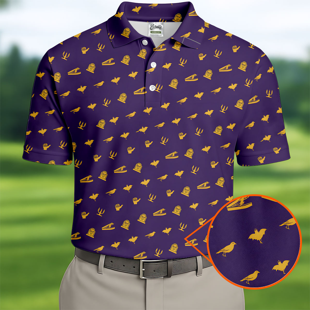Purple Gravestone Bat Halloween Pattern Polo Shirt, Golf Shirts For Men, Mens Polo Shirts