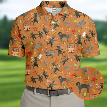 Vintage Black Cat Halloween Pattern Polo Shirt, Mens Golf Polo, Golf Apparel For Men