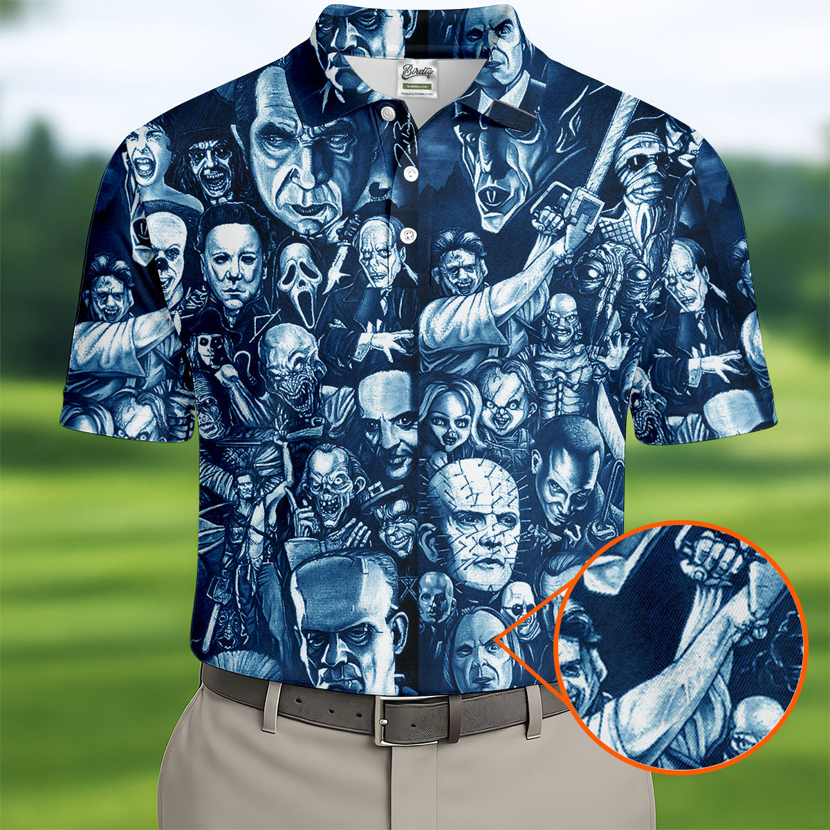 Horror Character Collage Halloween Polo Shirt, Printed Golf Shirts, Golf Apparel For Men