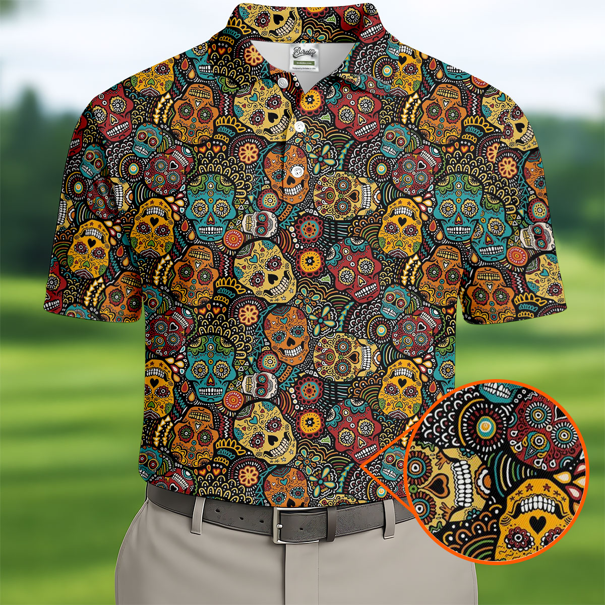 Colorful Sugar Skull Halloween Polo Shirt, Golf Shirts For Men, Golf Apparel For Men