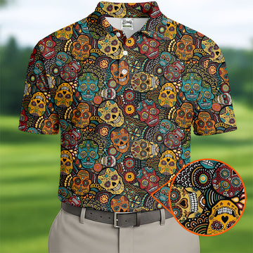 Colorful Sugar Skull Halloween Polo Shirt, Golf Shirts For Men, Golf Apparel For Men