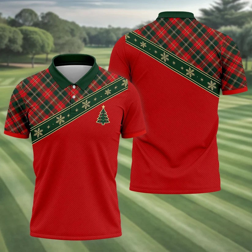 Red Plaid Snowflake Tree Christmas Golf Shirt, Mens Golf Polo, Golf Shirts For Men