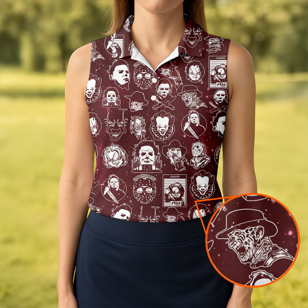 Vintage Halloween Horror Character Pattern Golf Shirt, Women's Golf Polo, Printed Golf Shirt