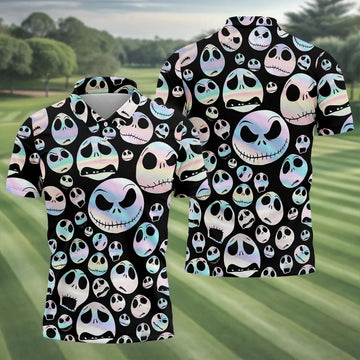 Black Horror Character Skull Face Pattern Golf Polo Shirt, Mens Golf Polo, Printed Golf Shirts