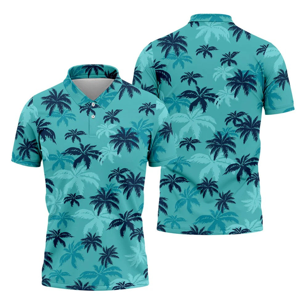 Turquoise Palm Tree Tropical Golf Shirt, Men's Polo Shirt, Hawaiian Golf Shirt, Performance Golf Shirt