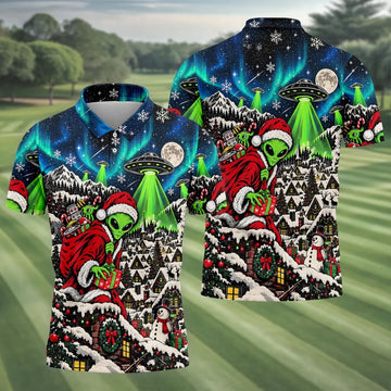 Alien Santa UFO Aurora Christmas Golf Shirt, Mens Golf Polo, Mens Holiday Golf Shirts