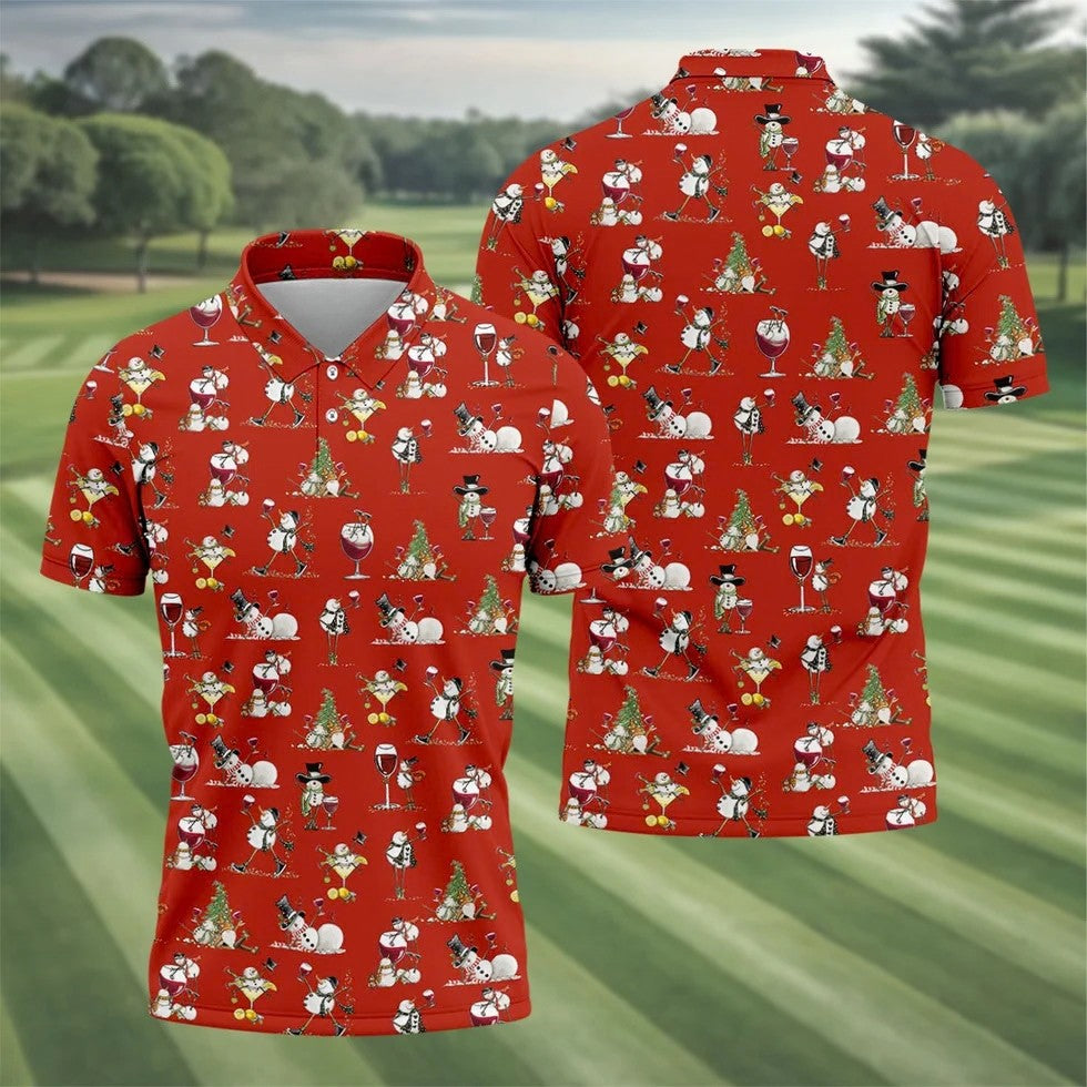 Funny Snowman Drinking Wine Red Golf Shirt, Christmas Golf Shirt, Polo Shirts For Men, Golf Gift For Men