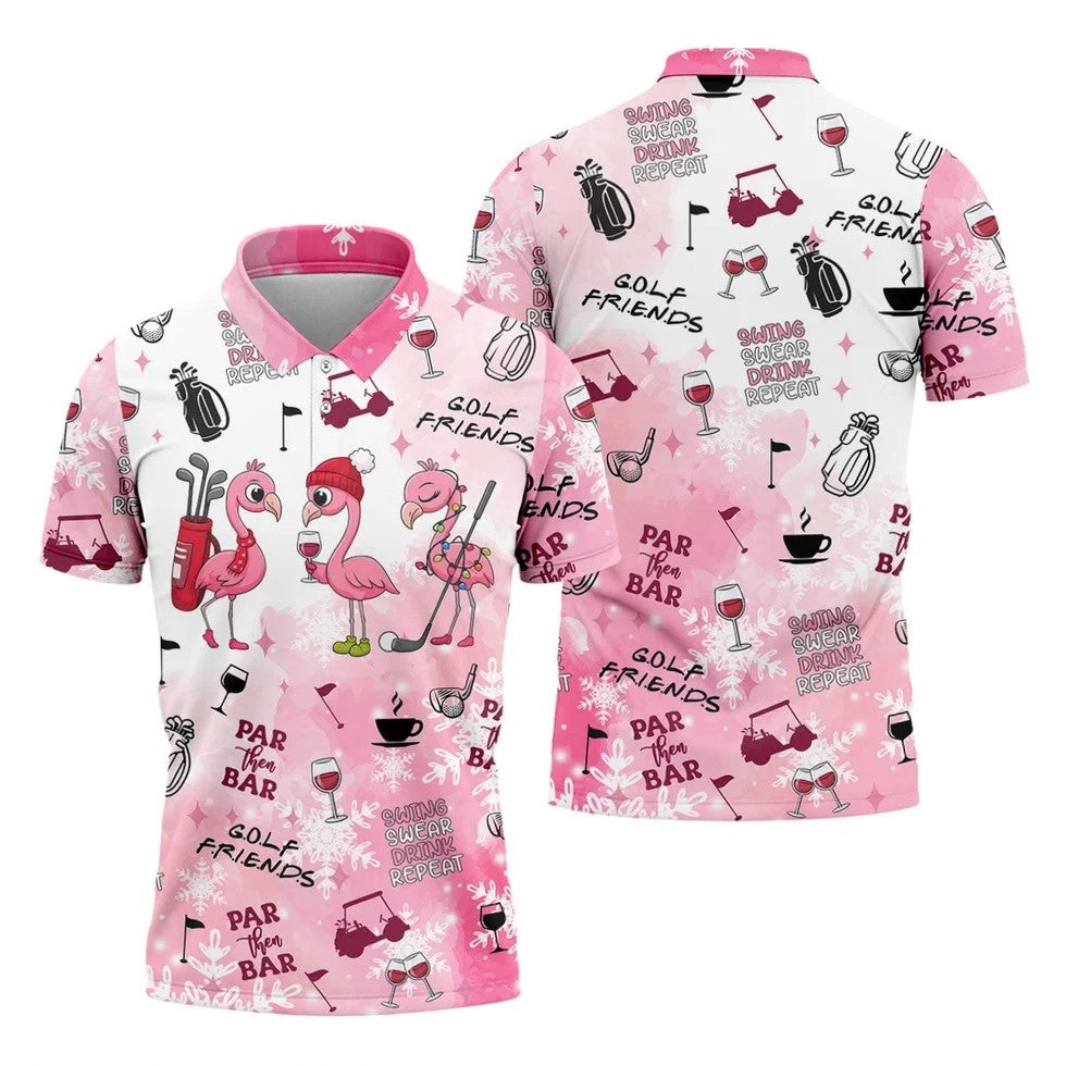 Golf Friends Par Then Bar Flamingo Christmas Golf Shirt, Golf Tops For Men, Pink Golf Polo, Golf Gift For Men
