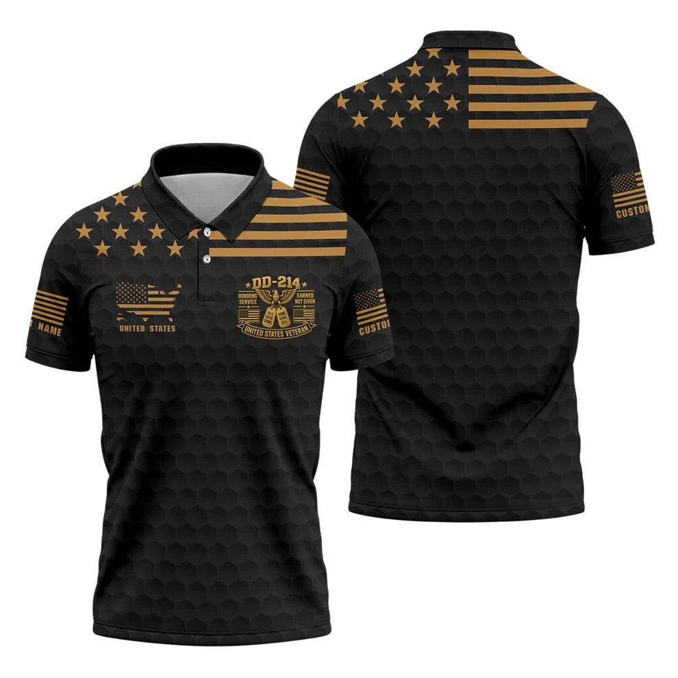 Custom Name Black Gold DD-214 Golf Polo Shirt, Veterans Day Shirt, Mens Golf Shirts