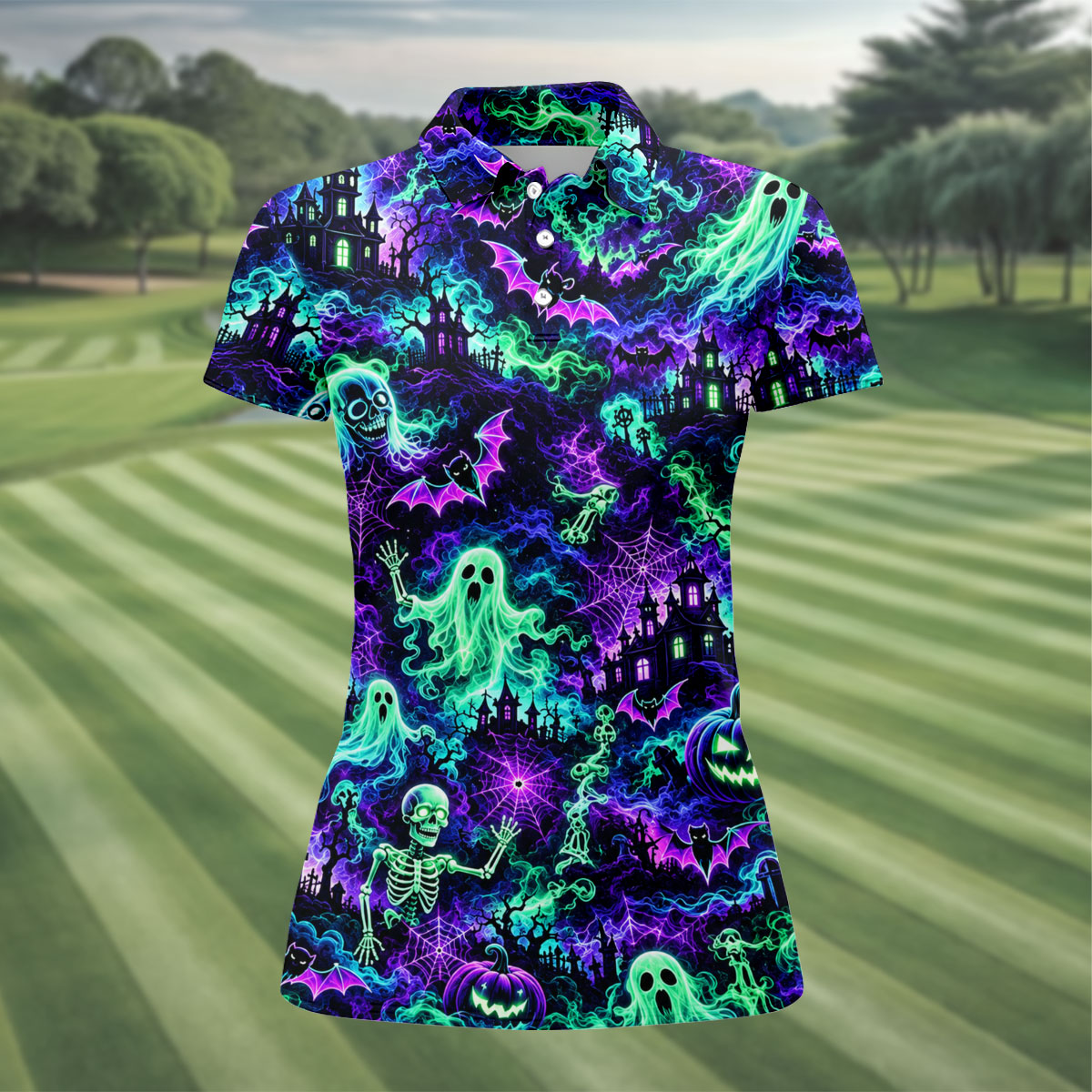 Neon Ghost Skeleton Halloween Horror Character Polo Shirt, Golf Shirt, Womens Golf Apparel