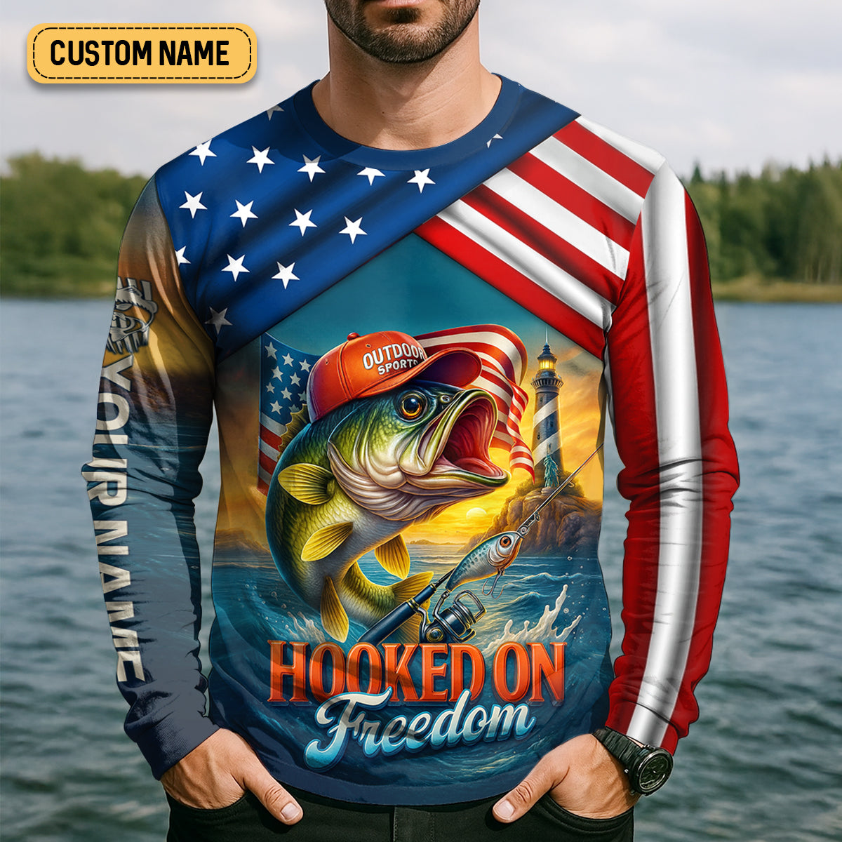 Hooked On Freedom Patriotic Fishing Shirt, Largemouth Bass Fishing SPF Shirt For Men, Men's Fishing Shirt