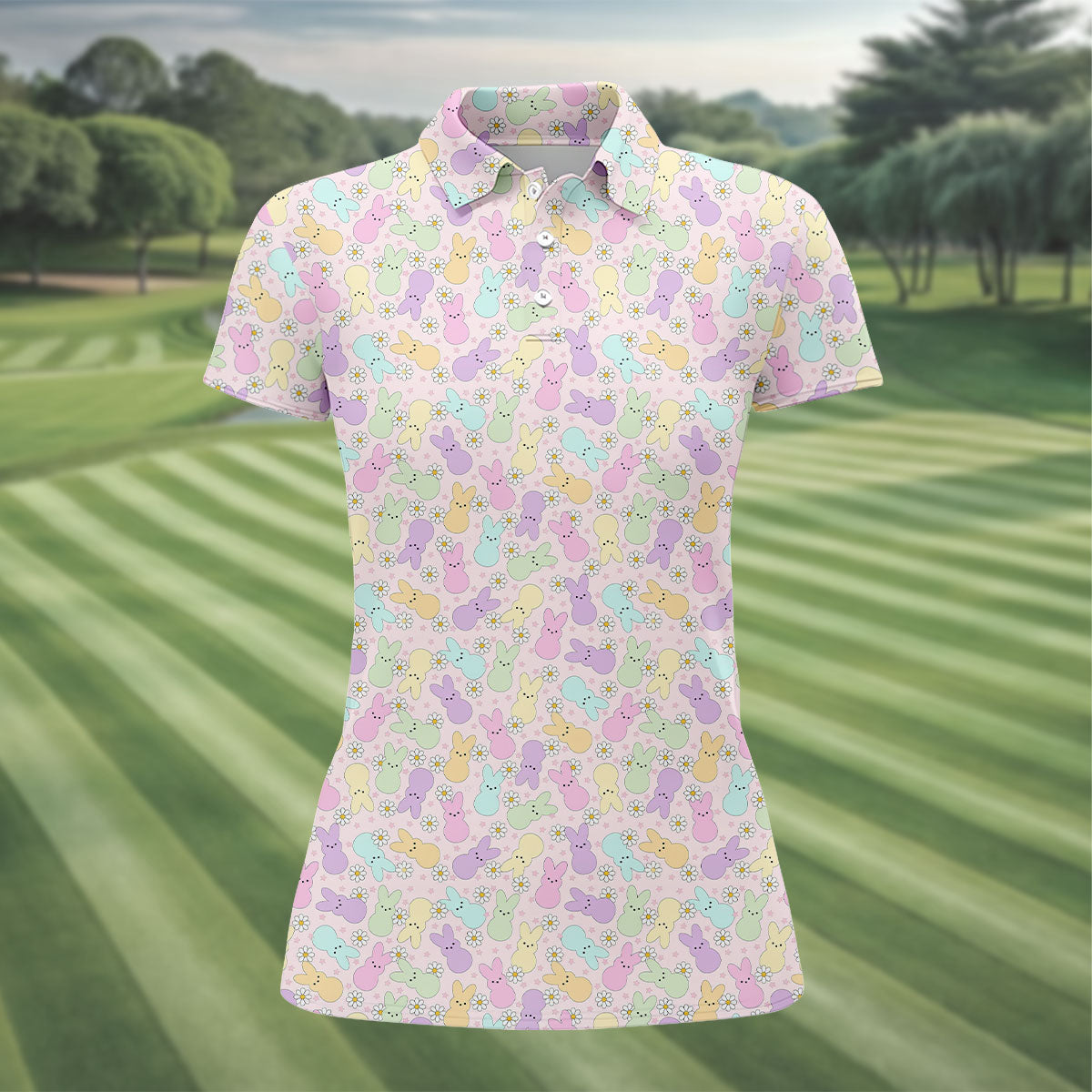 Easter Bunny Seamless Pattern Women Golf Top, Fun Women's Golf Shirts, Cute Golf Outfit, Ladies Golf Shirts