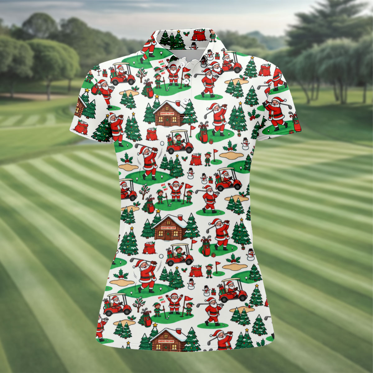 Santa Golf Cart And Elves Christmas Golf Shirt, Womens Golf Tops, Ladies Golf Shirts