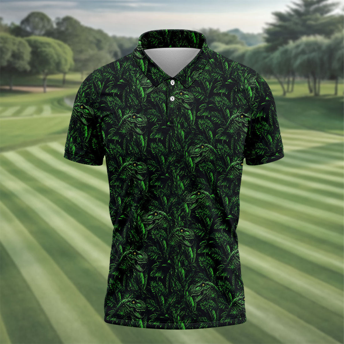 Dinosaurs In The Forest Deep Forest Green Hawaiian Golf Shirt, Polo Shirts For Men