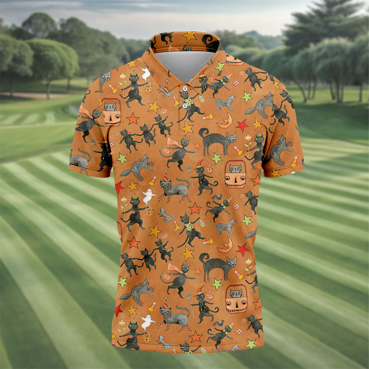 Vintage Black Cat Halloween Pattern Polo Shirt, Mens Golf Polo, Golf Apparel For Men