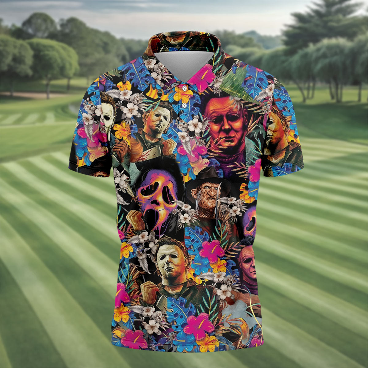 Tropical Horror Character Hawaiian Golf Shirt, Mens Golf Polo, Halloween Golf Apparel