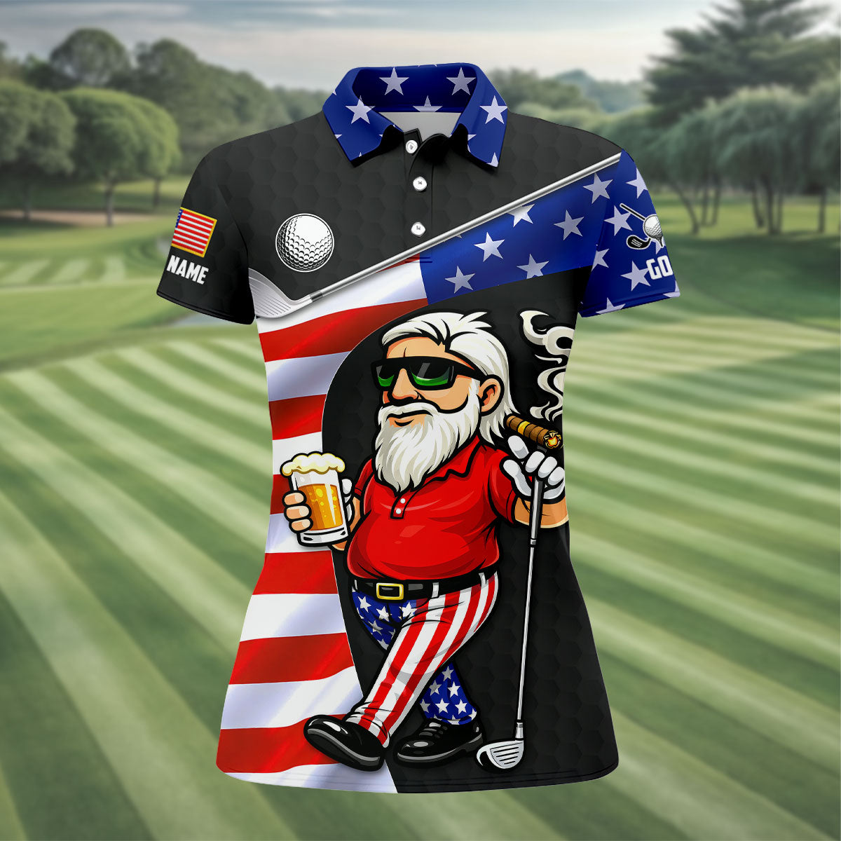 Golf And Beer Patriotic Man Golf Ball Pattern 4th Of July Black Golf Shirt, 250th Anniversary Women's Golf Tops