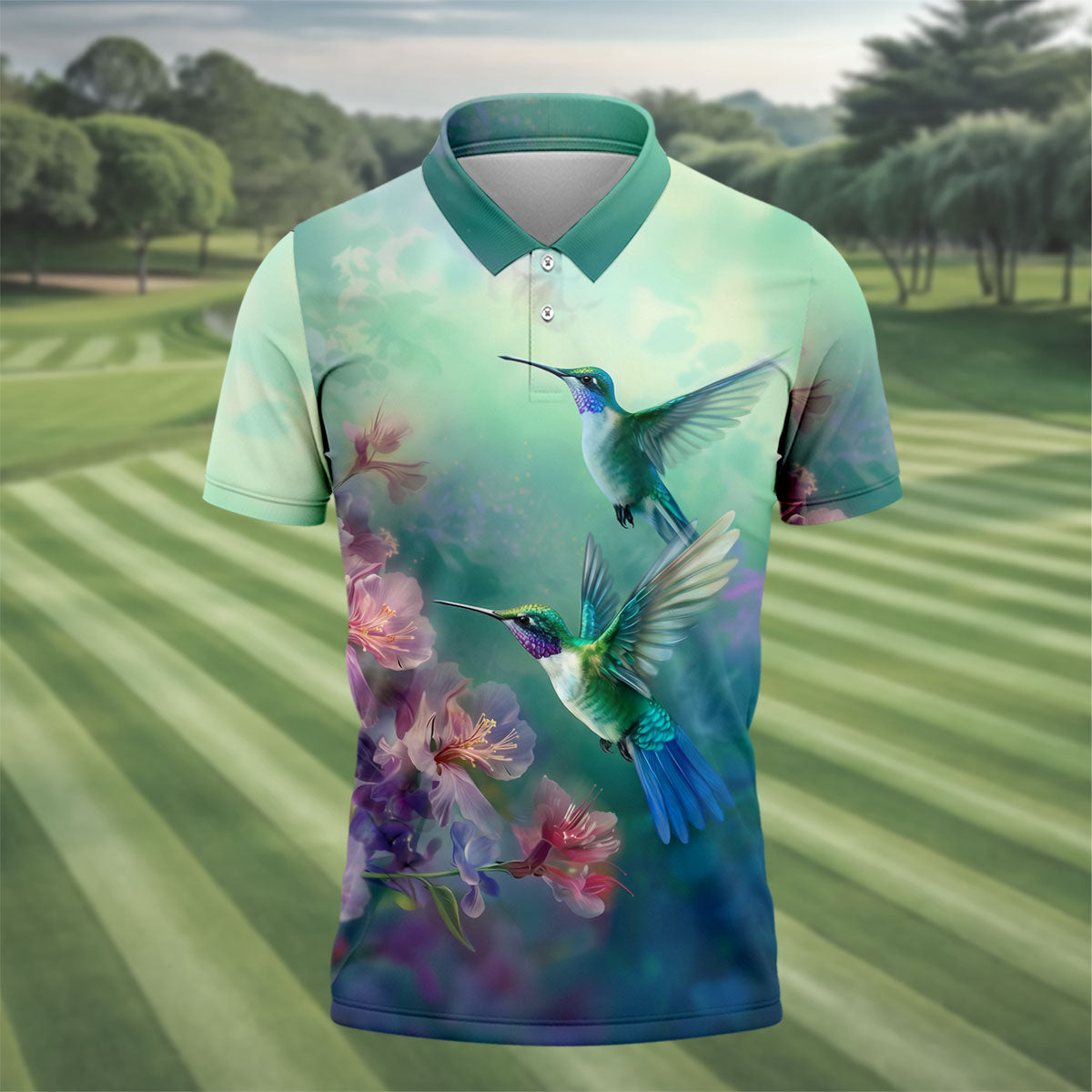 Hummingbird And Floral Garden Polo Shirt, Mens Golf Shirts, Golf Polo Shirts For Men