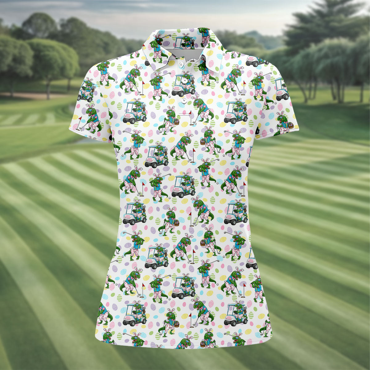 T-Rex Bunny Colorful Easter Egg Women Golf Top, Fun Women's Golf Shirts, Ladies Golf Shirts