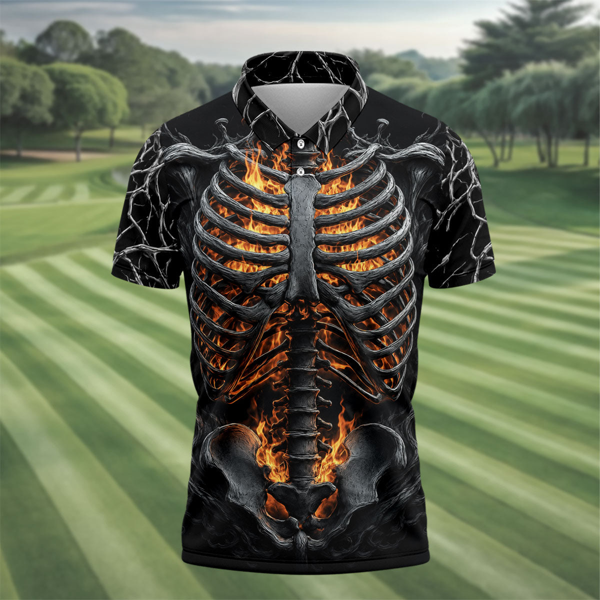 Halloween Fire Skeleton Horror Character Polo Shirt, Mens Golf Polo, Mens Golf Shirts