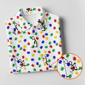 Funny Stick Figure Autism Puzzle Polo ShirtFor Men, Autism Awareness Golf Shirt, Golfing Apparel