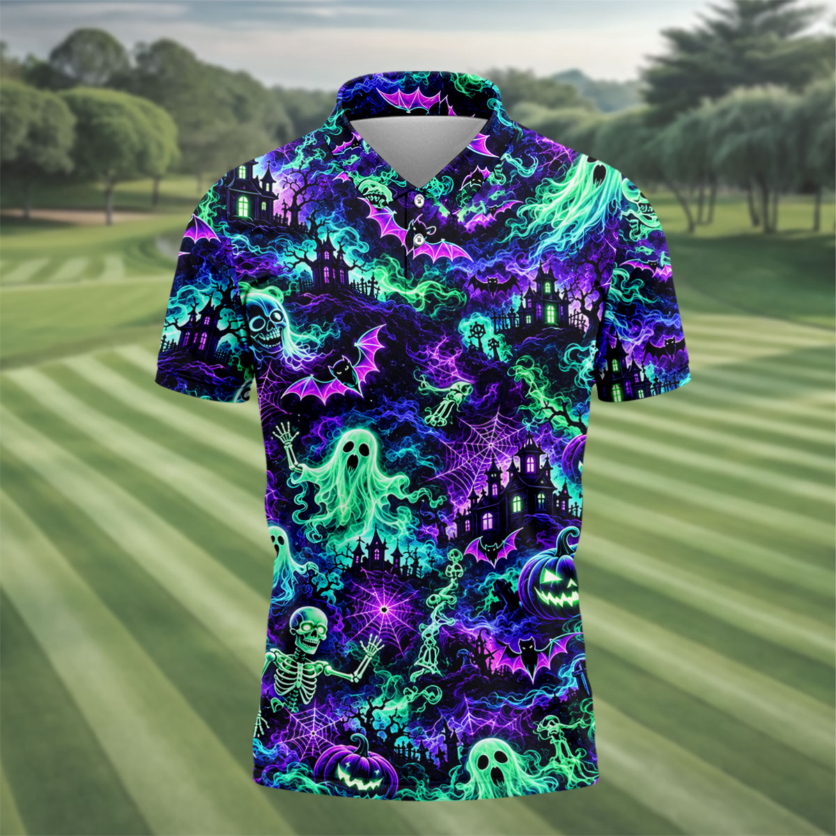 Neon Ghost Skeleton Halloween Horror Character Polo Shirt, Golf Shirt, Mens Golf Polo