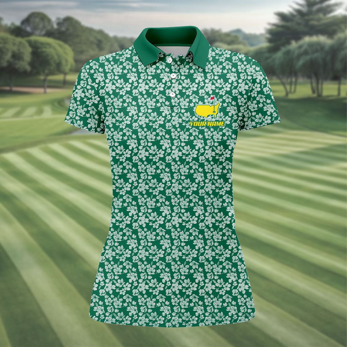Floral Silhouette Green And White Women's Golf Tops, Ladies Golf Shirts, Women's Polo Shirt